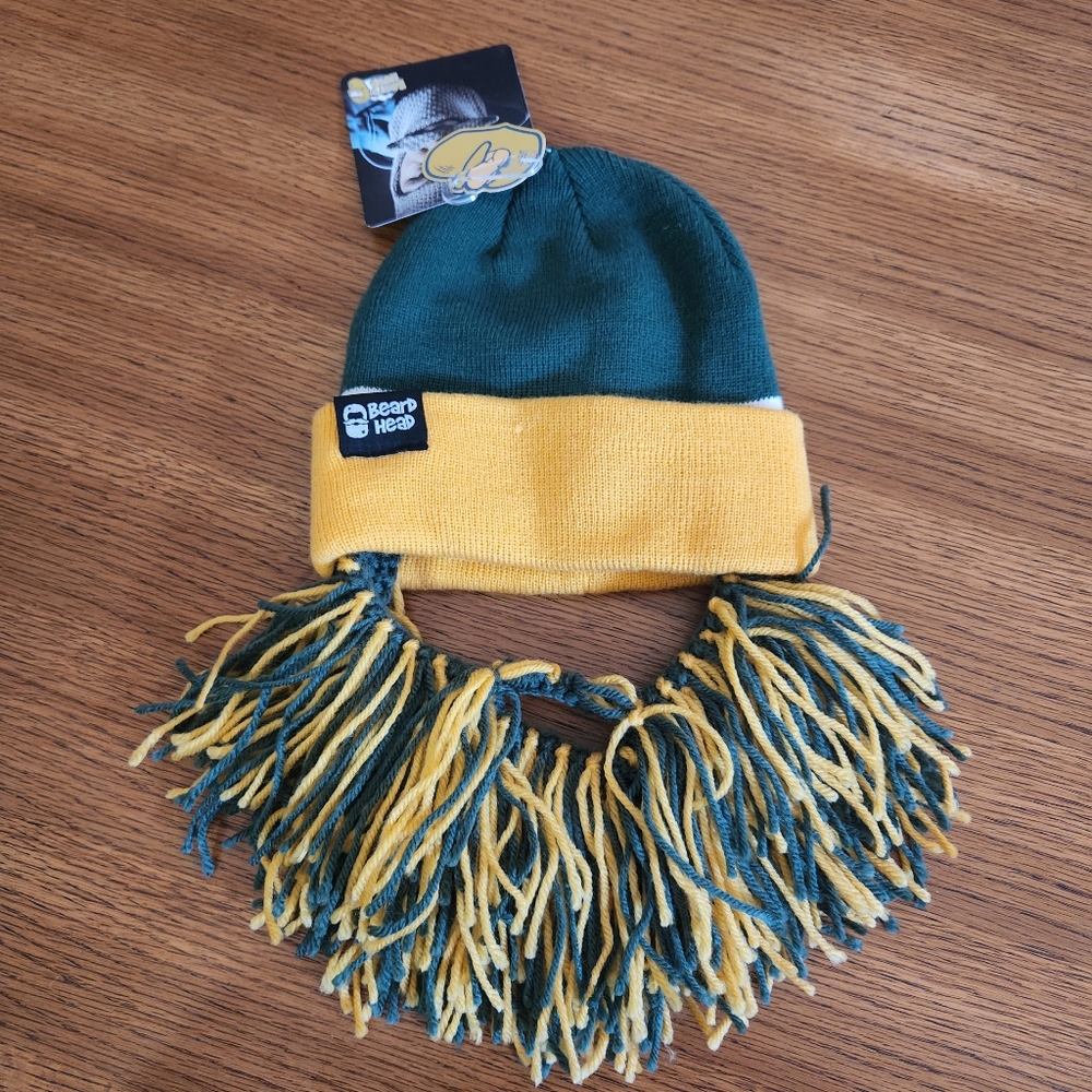 NWT Beard Head Knit Hat w/ Fringe Beard Tailgate Team Sports Yellow Gree…
